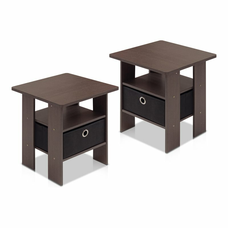 Furinno Andrey Wood End Table with Bin Drawer in Dark Brown/Black (Set of 2)