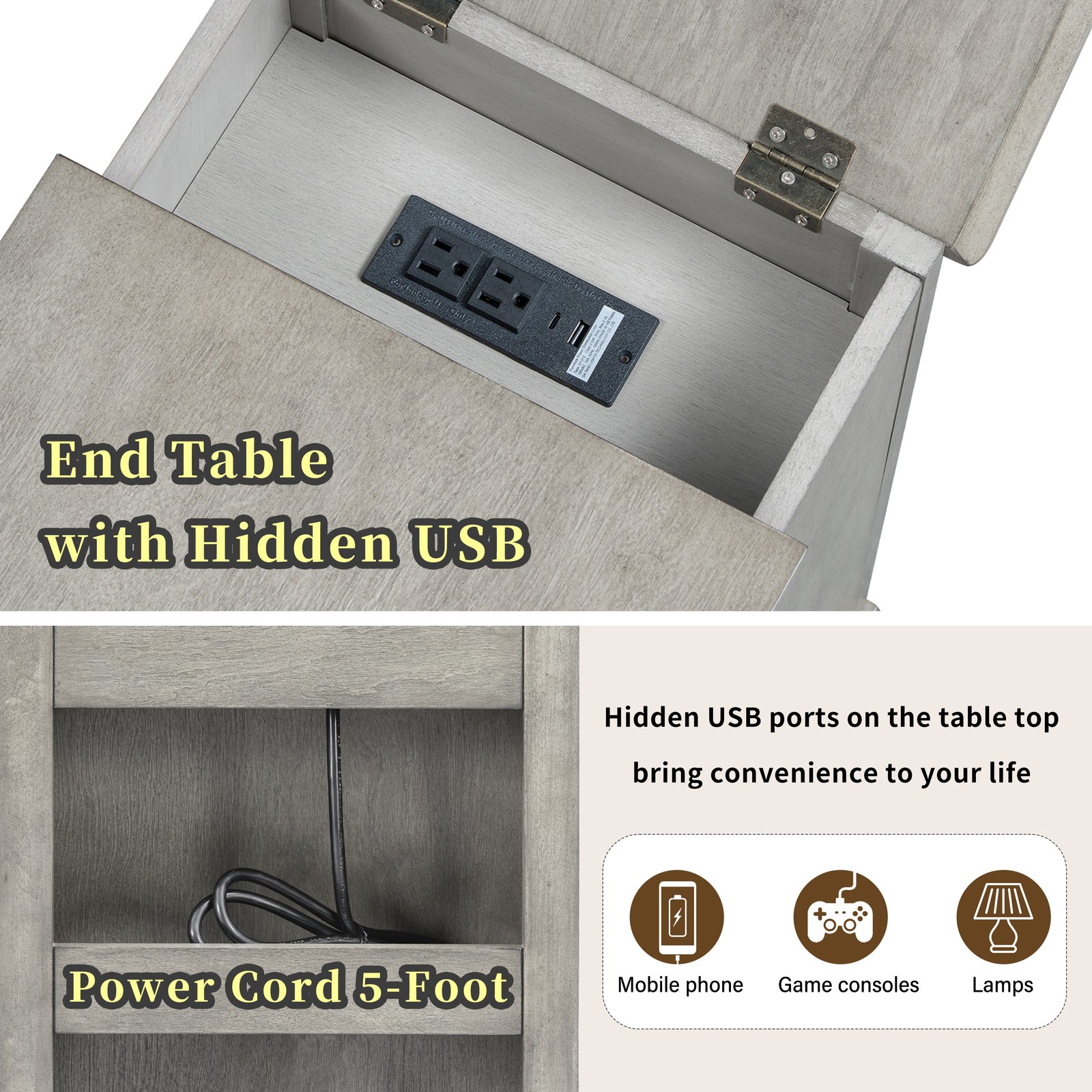 Classic Charging End Table with USB Ports & Storage Antique Gray