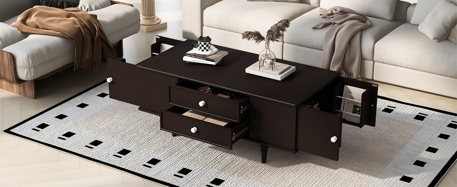 A rectangular coffee table with four drawers and two hidden storage compartments