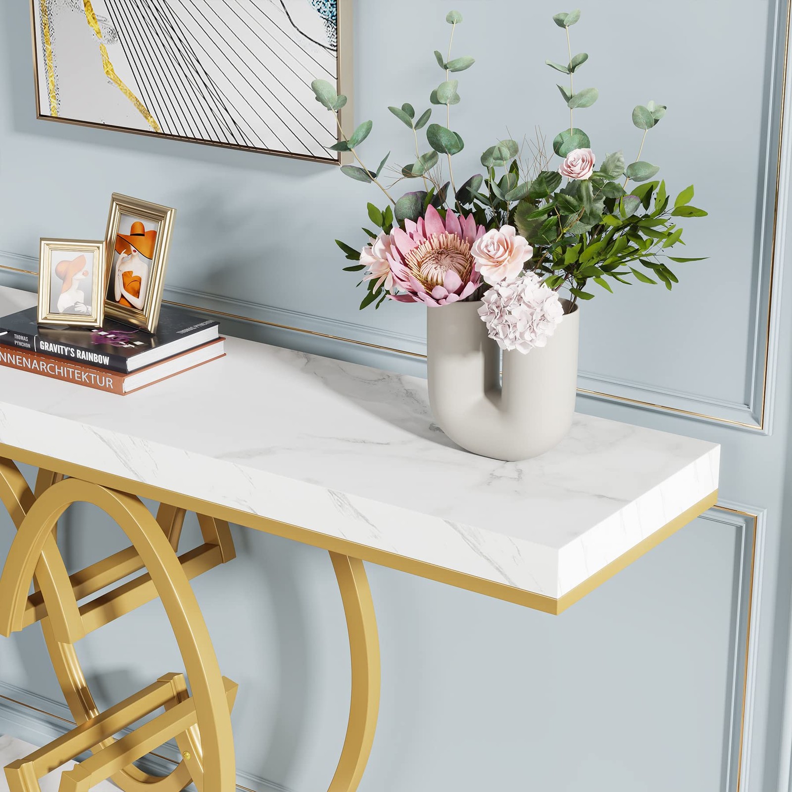 55″ Console Table for Hallway, Faux Marble Gold Entryway Table w/Geometric Metal