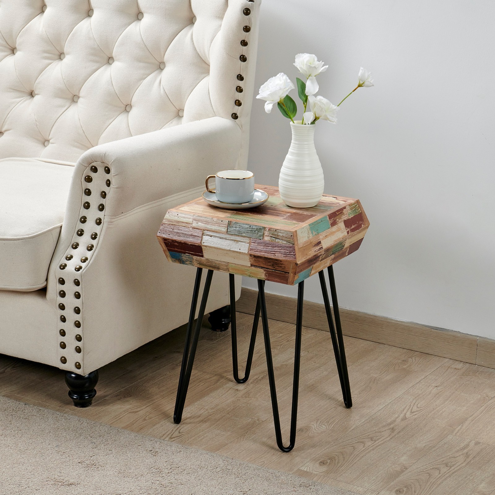 Greenage Side Table Solid Reclaimed Wood Accent Coffee End Table 3D Square