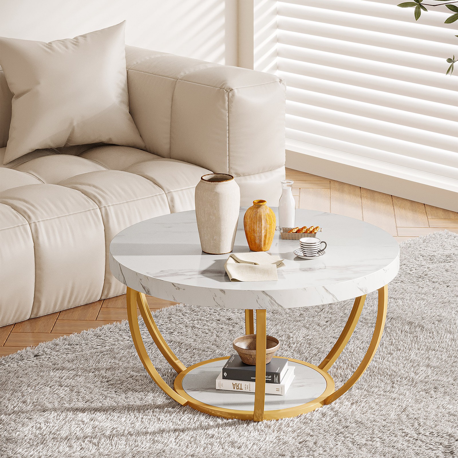 Modern Round Coffee Table, 2 Tier Circle Center Tea Table with Faux White Marble