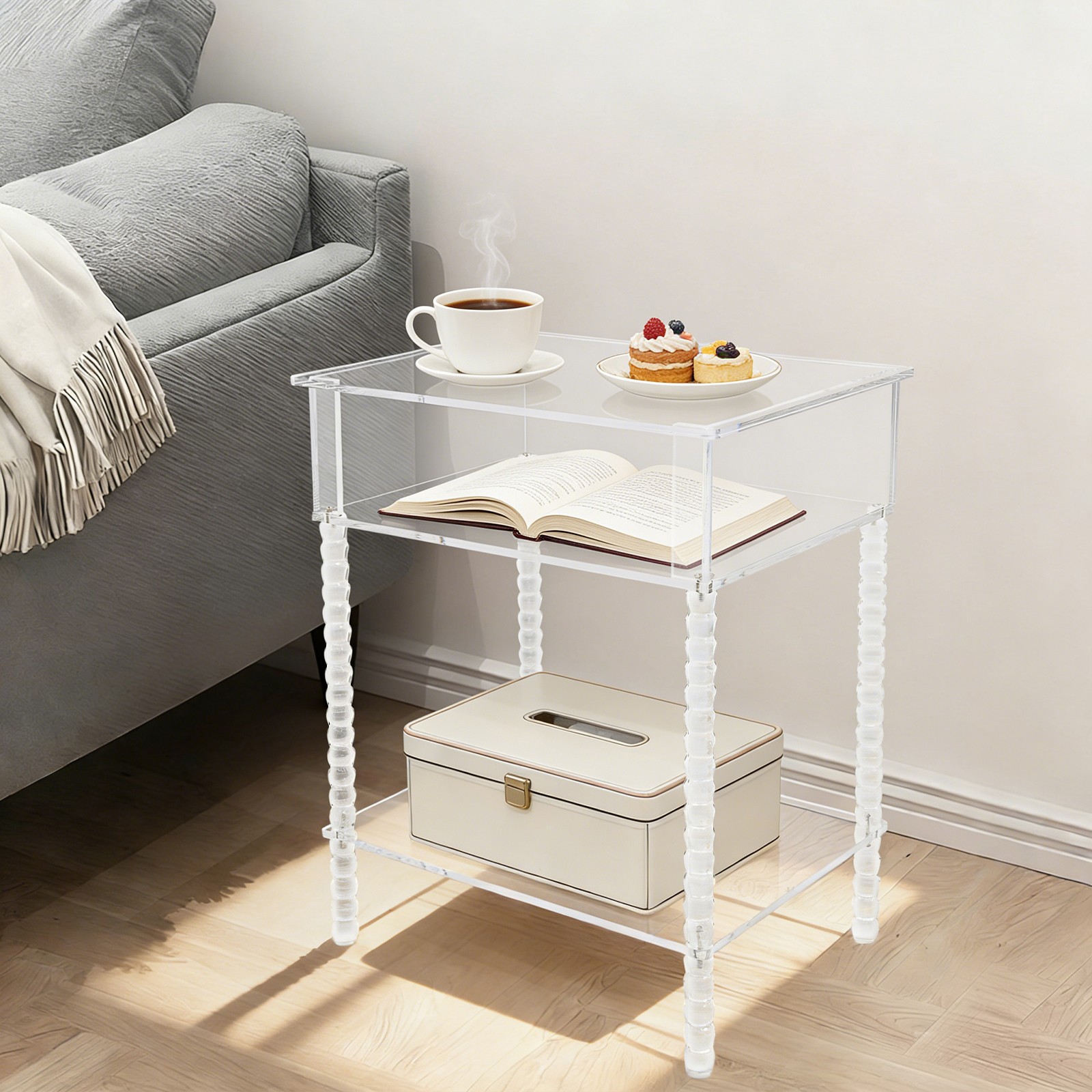 Acrylic Side Table End Table w/ Storage Nightstand for Living Room Bedroom Clear