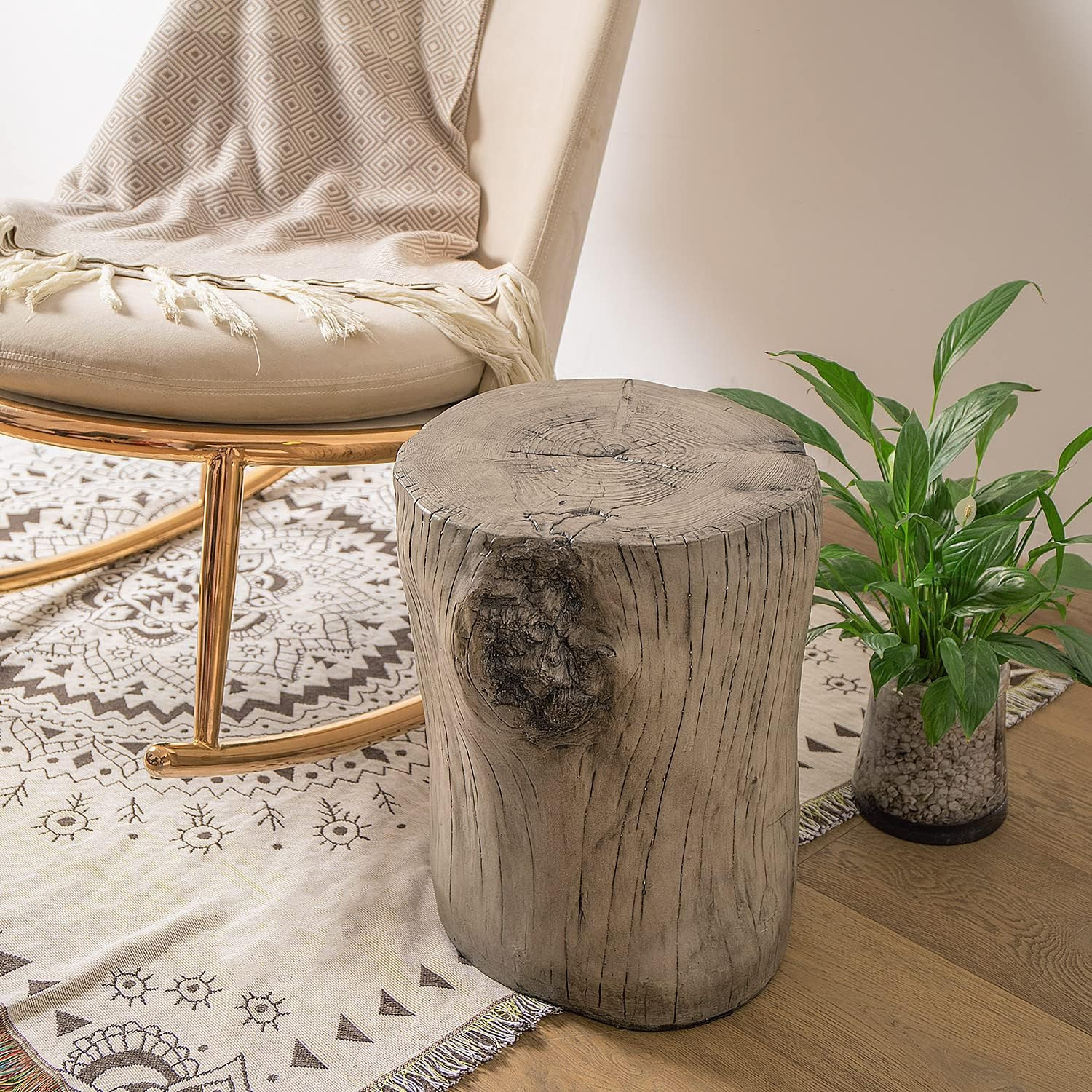 Outdoor Antique Gray End Table Faux Wood, Hand-Painted Wood Stump Stool, Ottoman