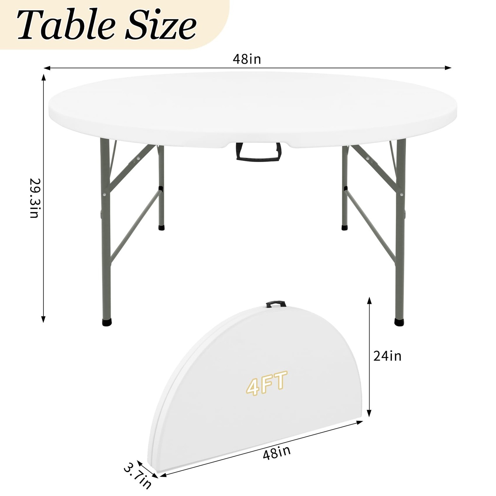 4FT Round Folding Table White Fold-in-Half with Carrying Handle Portable Plas…