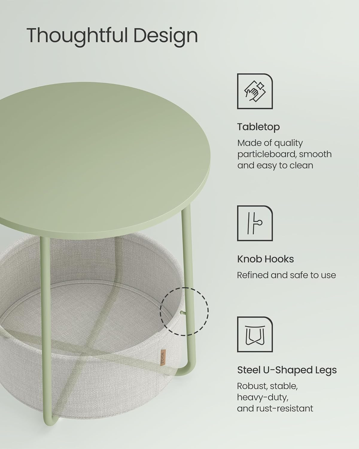 LILEA Collection – Small round Side End Table, Modern Nightstand with Fabric Bas