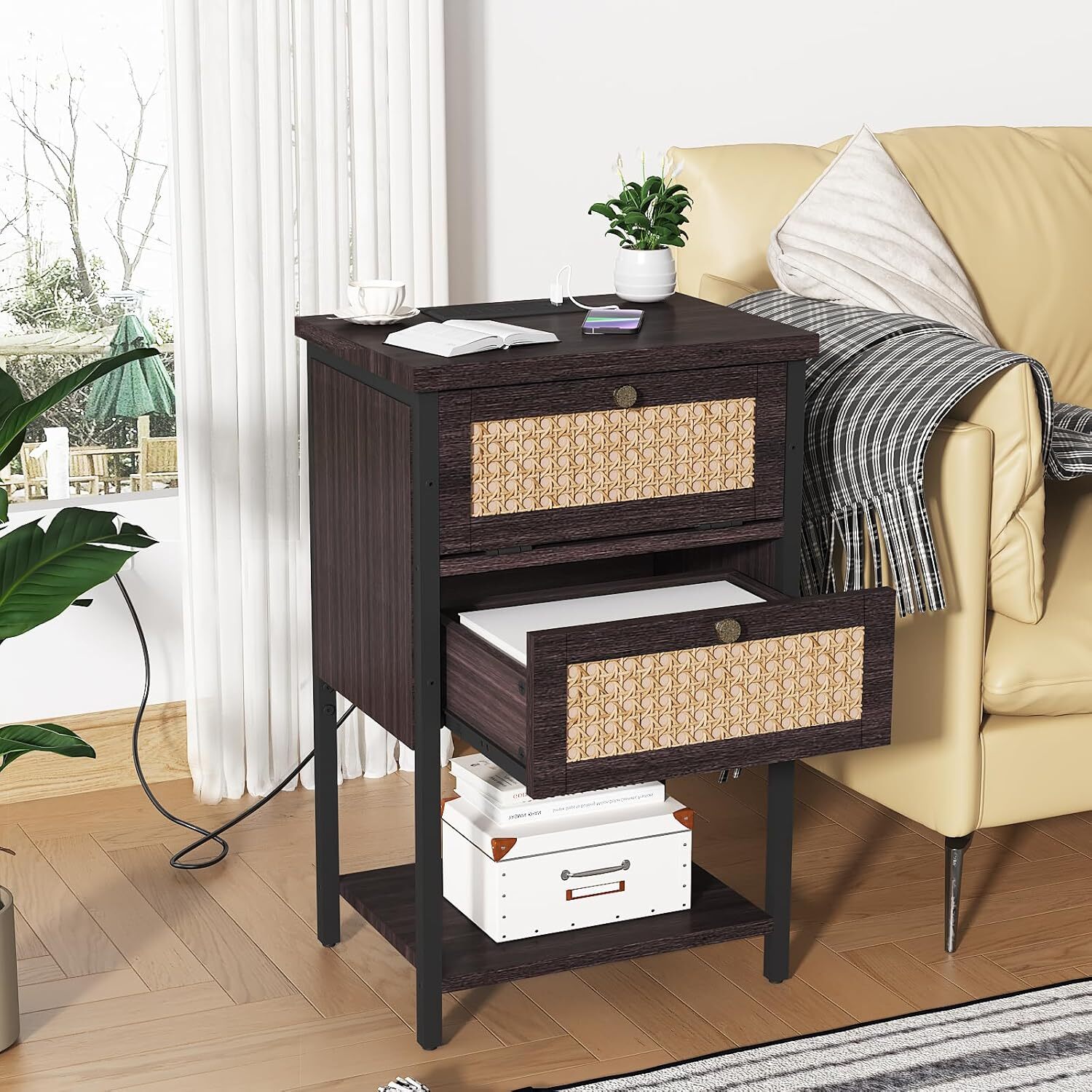 End Table with Charging Station, 2 Tier Rattan Decorated Cherry Red