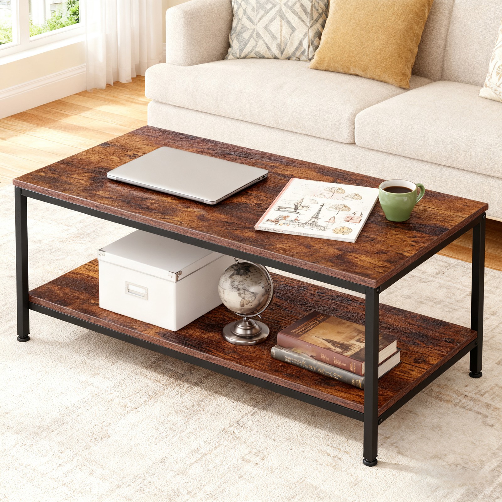 Rustic Brown Coffee Table for Living Room 2-Tier Coffee Tables With Storage