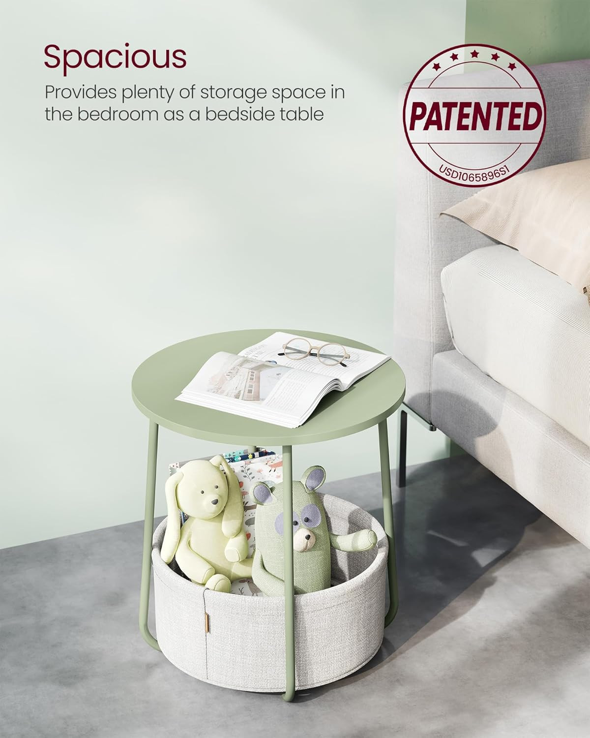 LILEA Collection – Small round Side End Table, Modern Nightstand with Fabric Bas