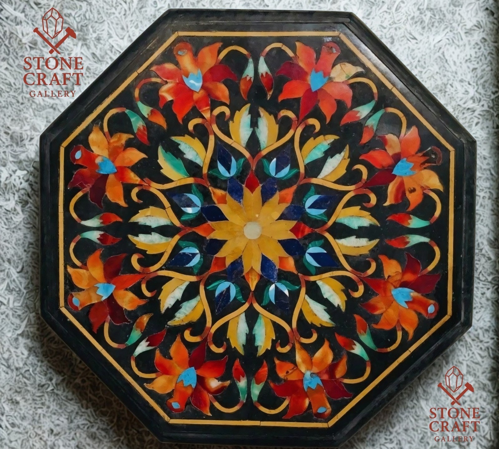18″ Black Marble Table Top Inlay Pietra dura​ Handmade art Work Home Decor