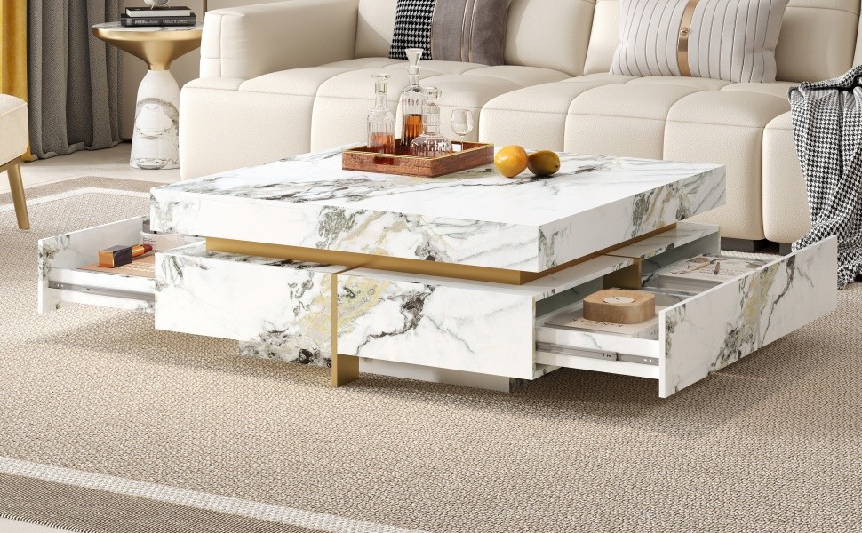 Modern White Square Marble Coffee Table with 4 Drawers, 43.3″