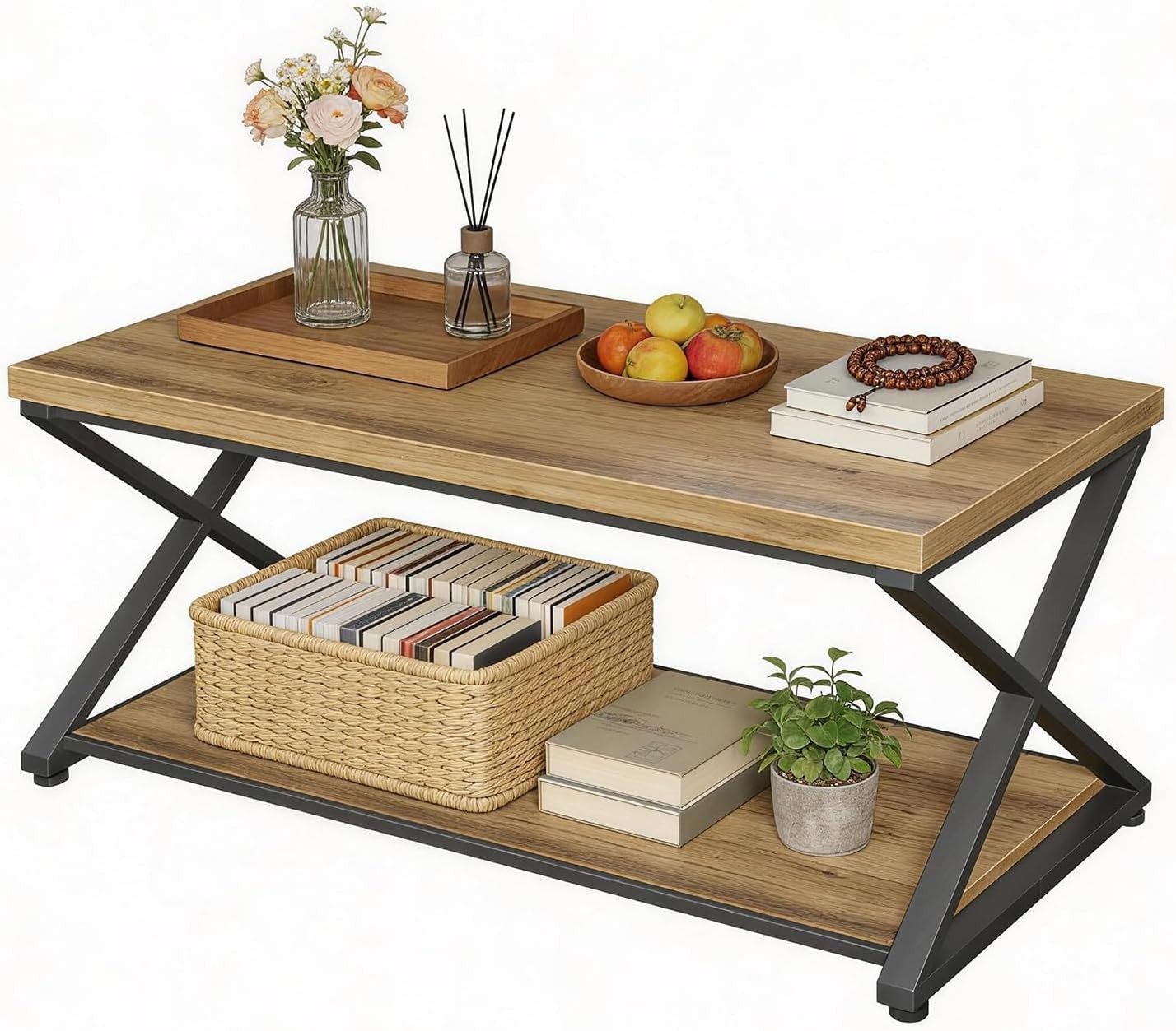 Milefa Farmhouse Coffee Table 39″ Storage Shelf Rustic Brown Cocktail Table