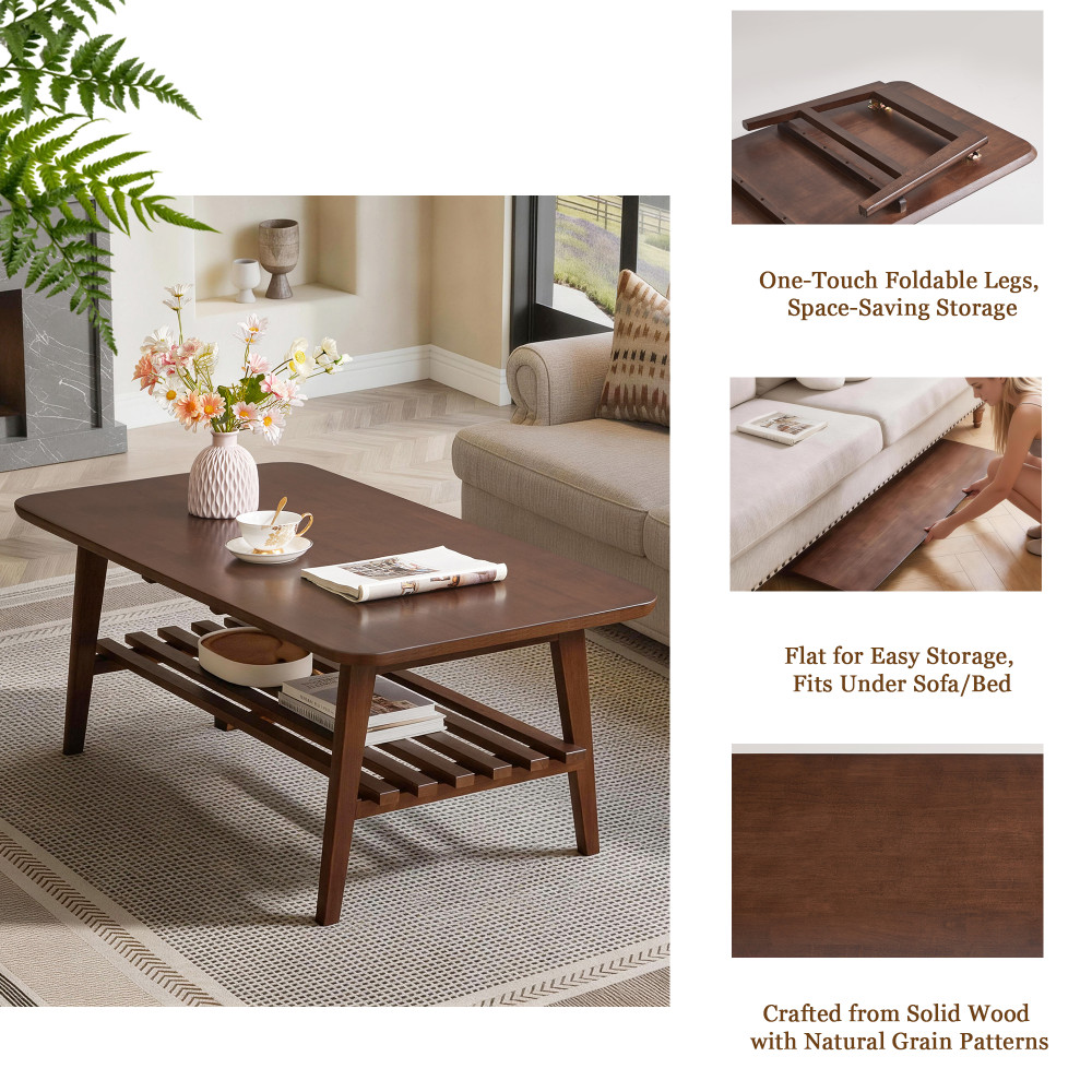 Walnut Brown Wooden Coffee Table, Mid-Century, Rectangular with Storage Shelf
