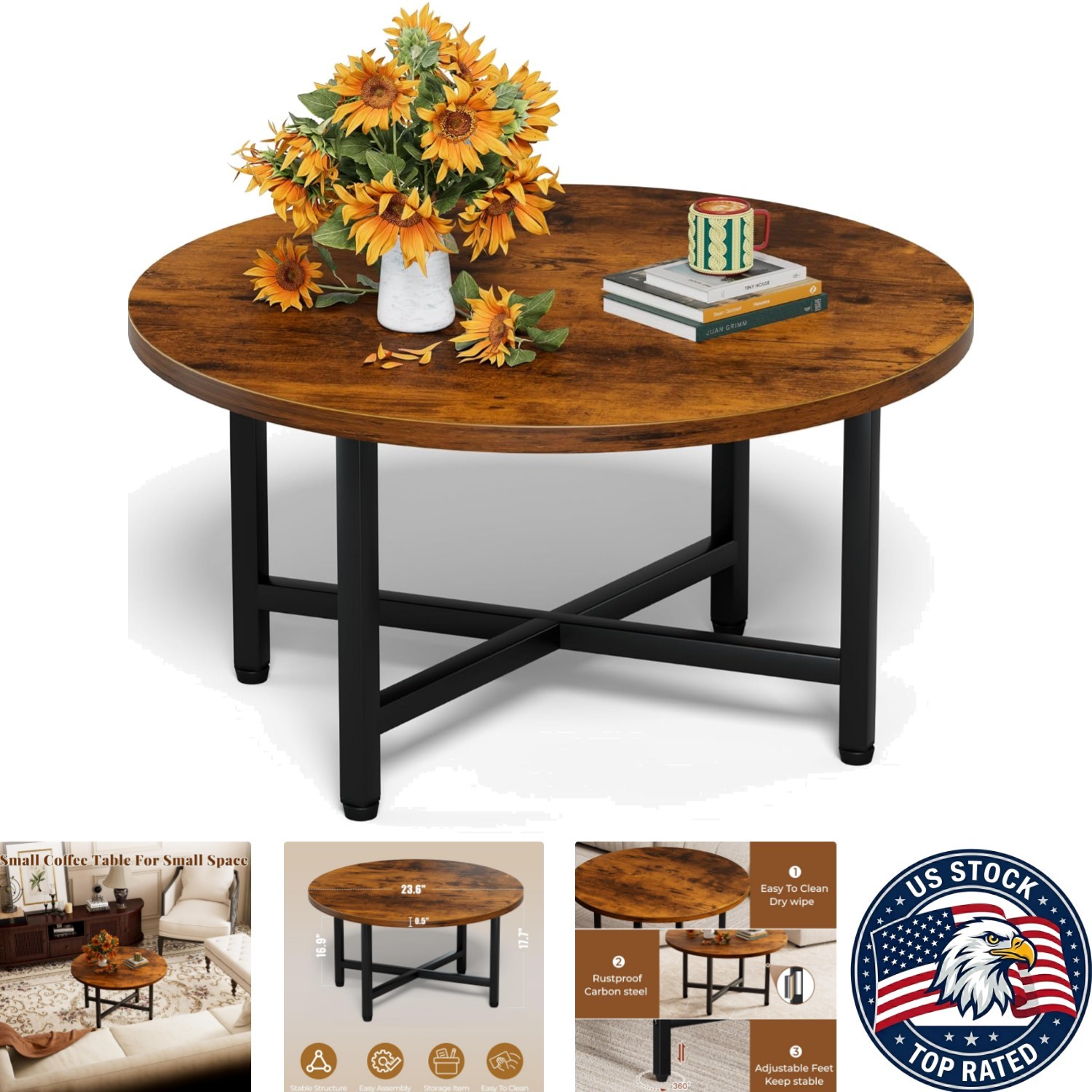 Elegant 23.6” Round Coffee Table for Living Room – Rustic Brown & Metal Frame