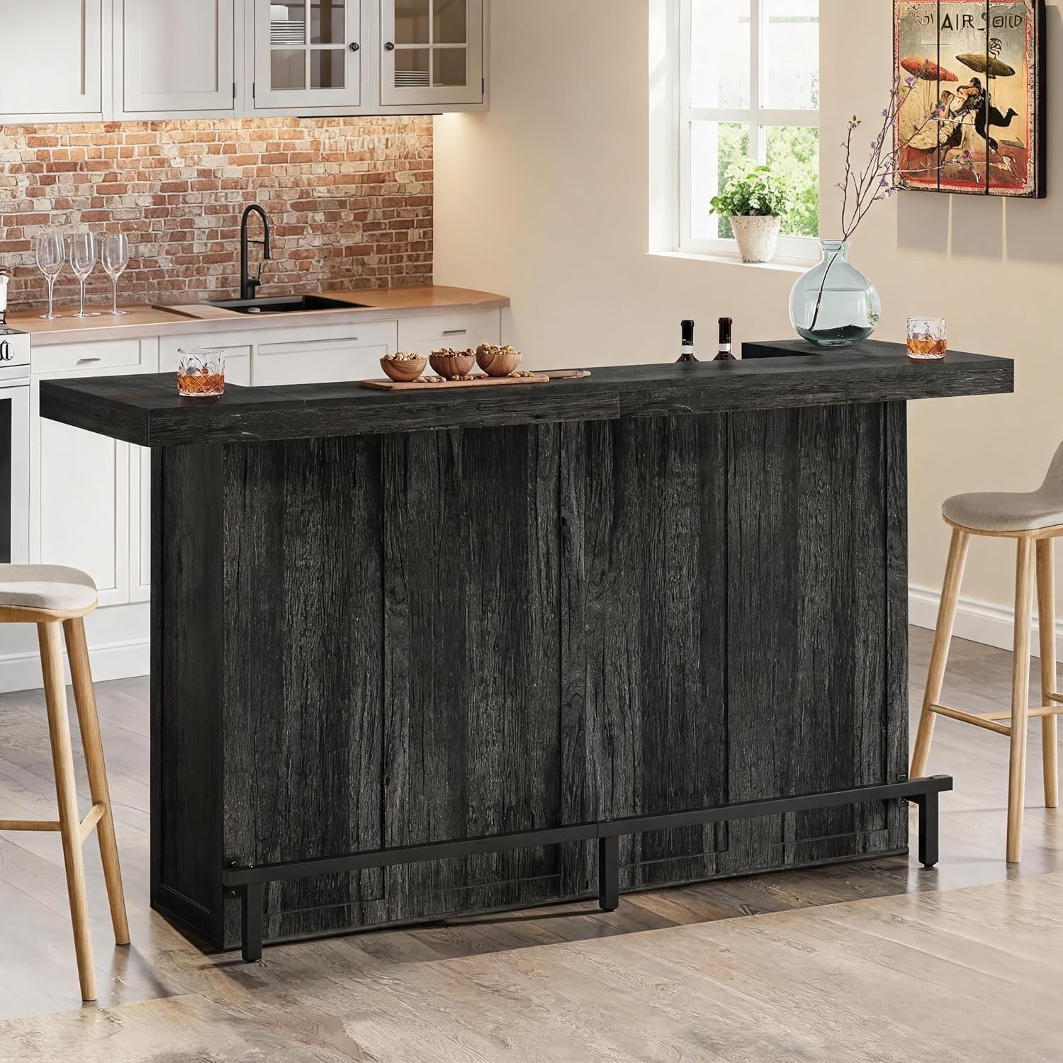 70.9-Inch Large Bar Table Industrial Wooden Home Bar Unit with Storage Shelves