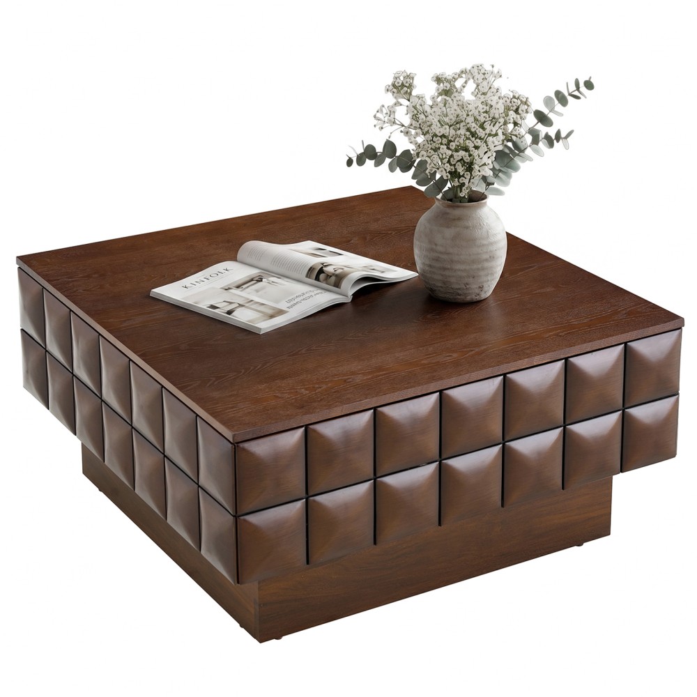 32.7″ Square Walnut Coffee Table – 3D Cube-Textured Wrap, Ash Veneer Top