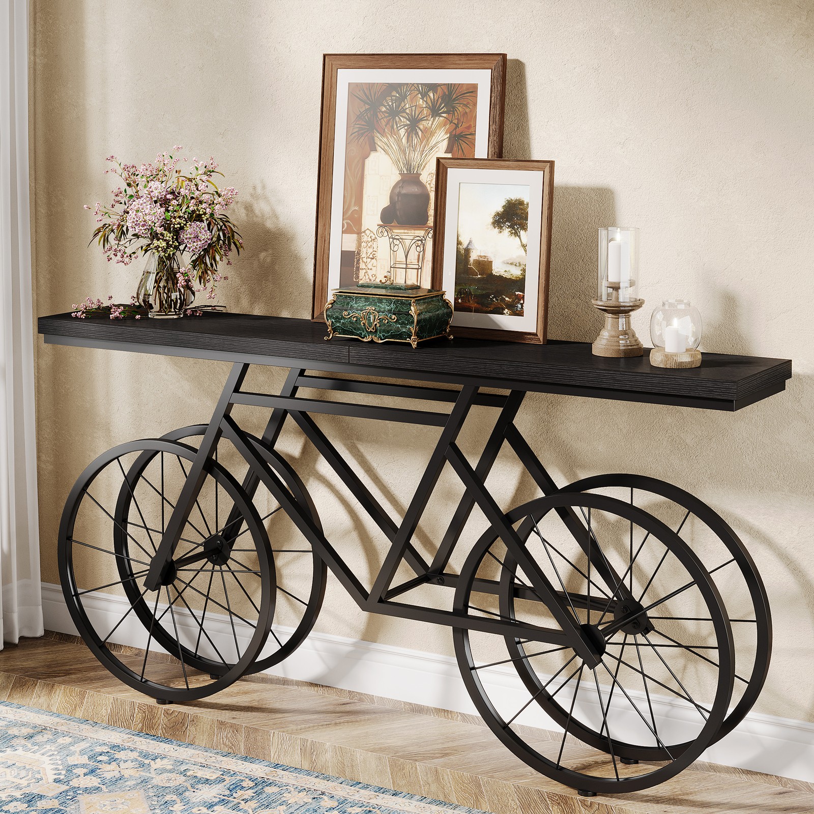 70.9-Inch Extra Long Console Table, Narrow Sofa Table with Bicycle Metal Base