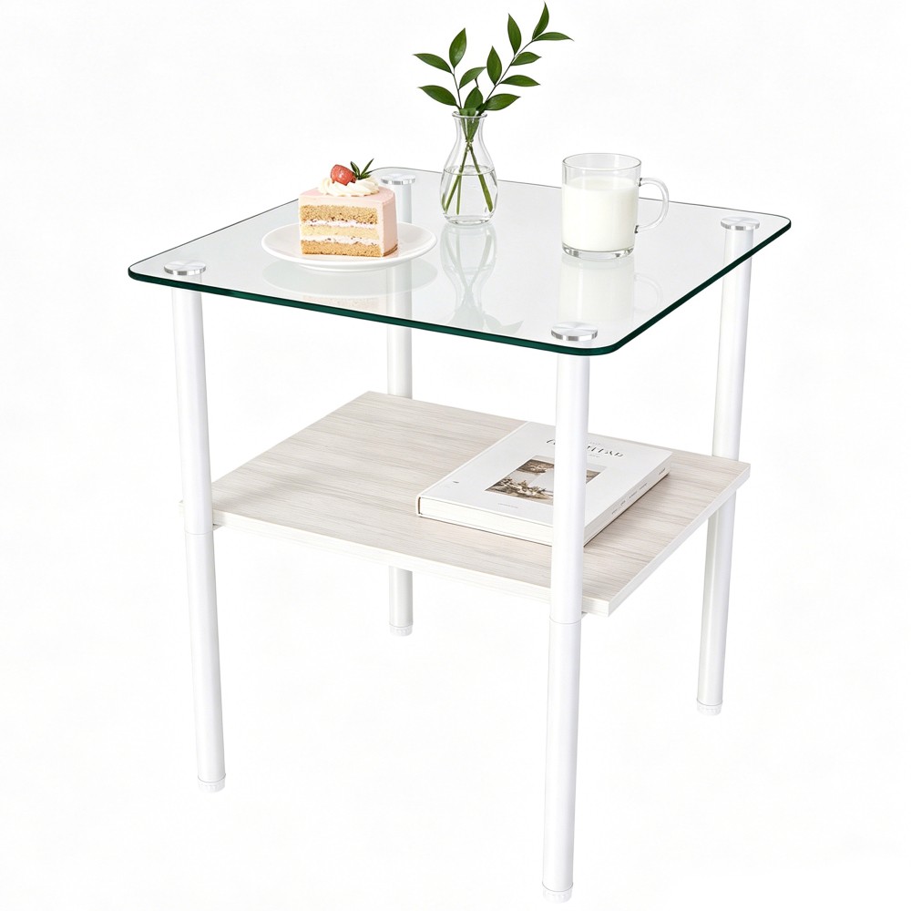Modern 2-Piece Glass Side Table, Tempered Top with Storage Shelf, Metal Legs
