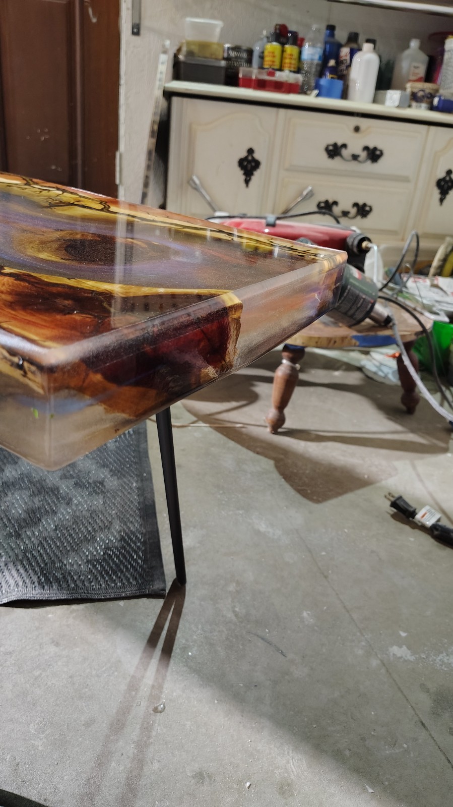 Red Cedar Epoxy Translucent River Table With Electricity Fracked Accents