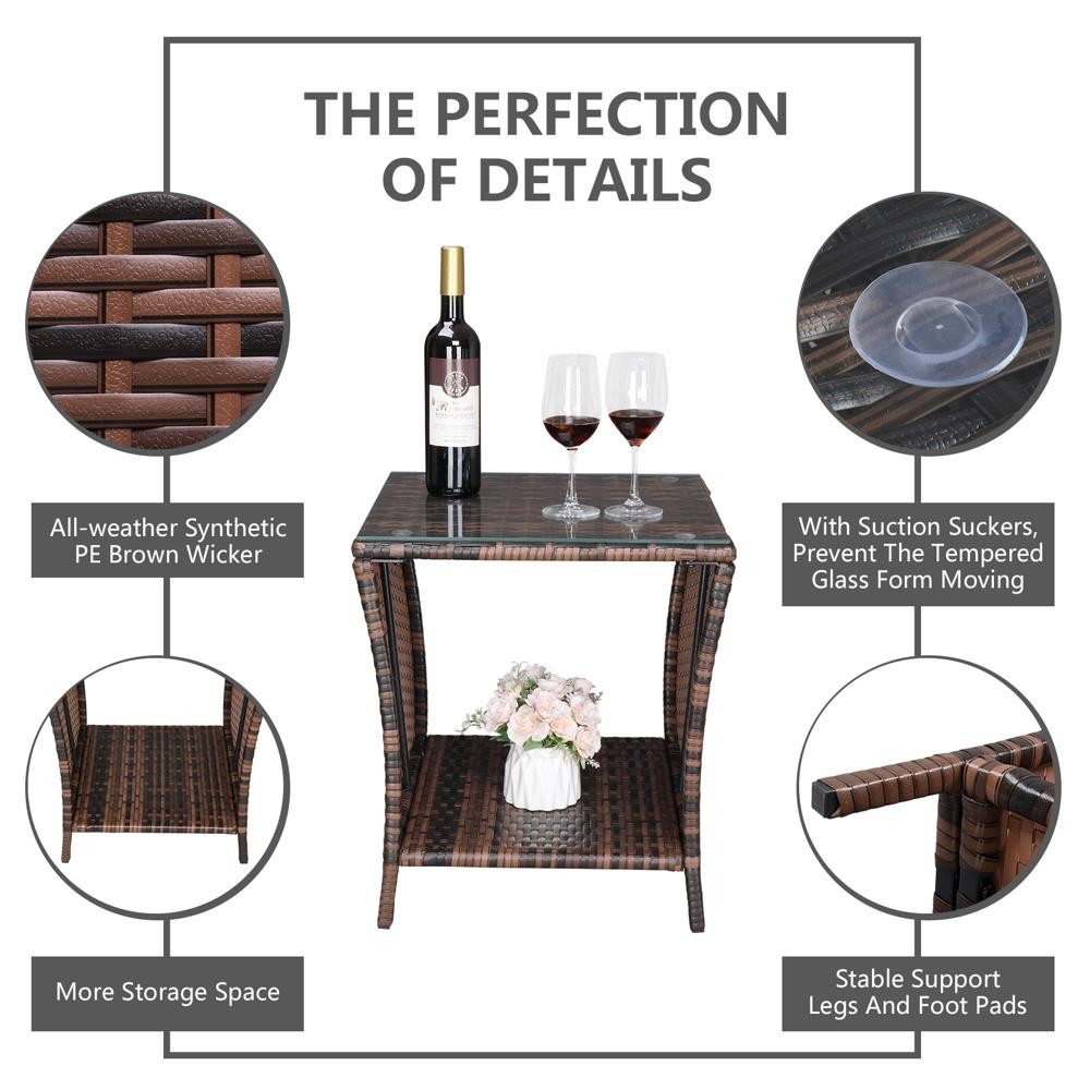 All-weather Square Wicker Rattan Side Tea Table Patio Furniture with Glass Top