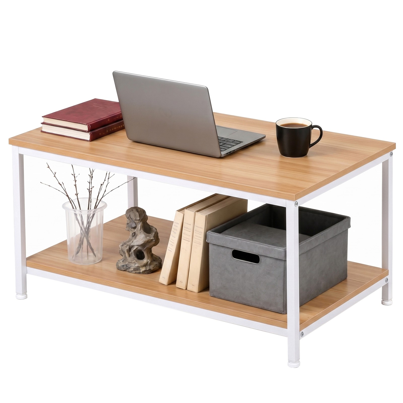 31″ Natural Wood Coffee Table Rectangular Coffee Table w/Storage Shelf Durable