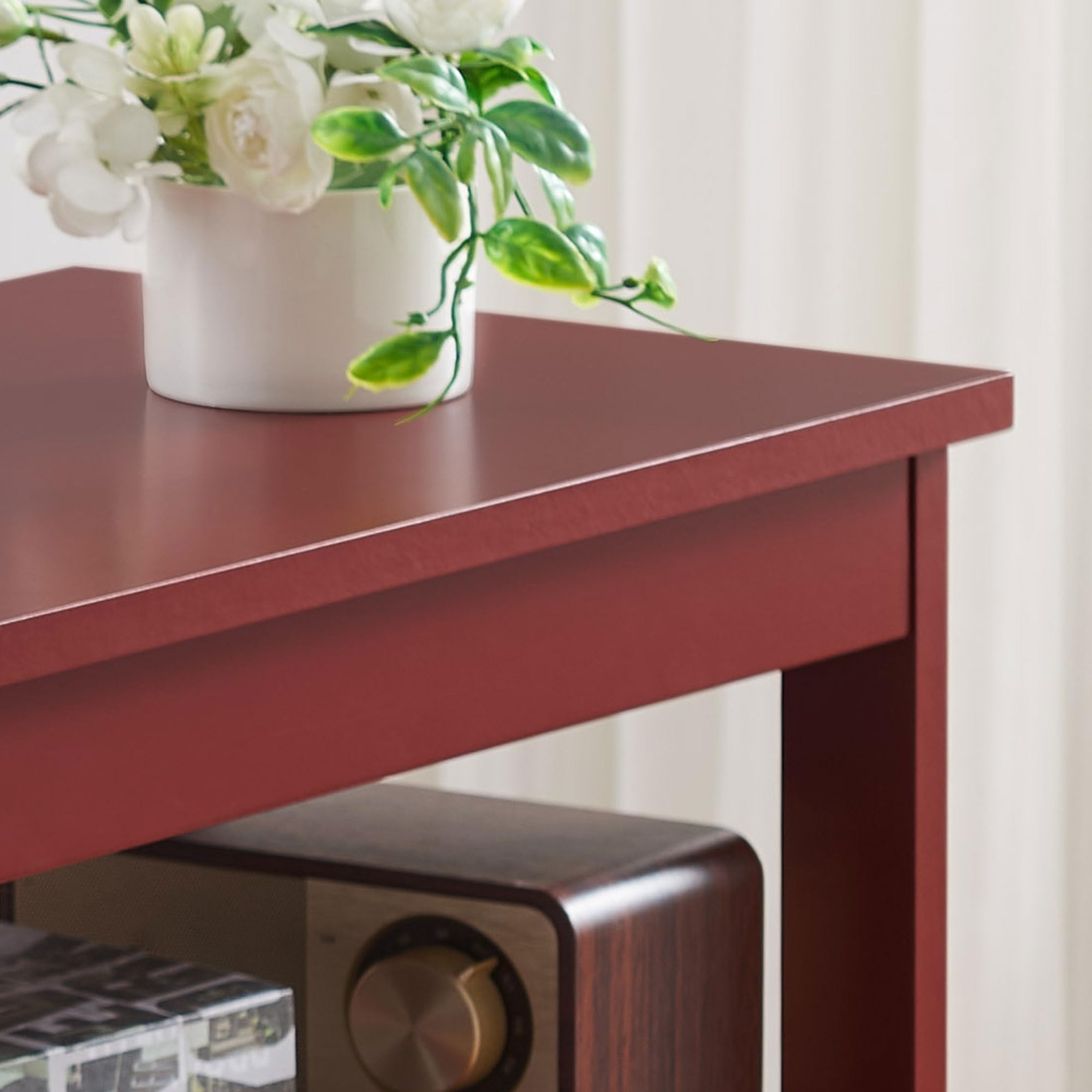 Kings Brand Furniture – Slim Side End Table with Shelves & Pull-out Tray, Red