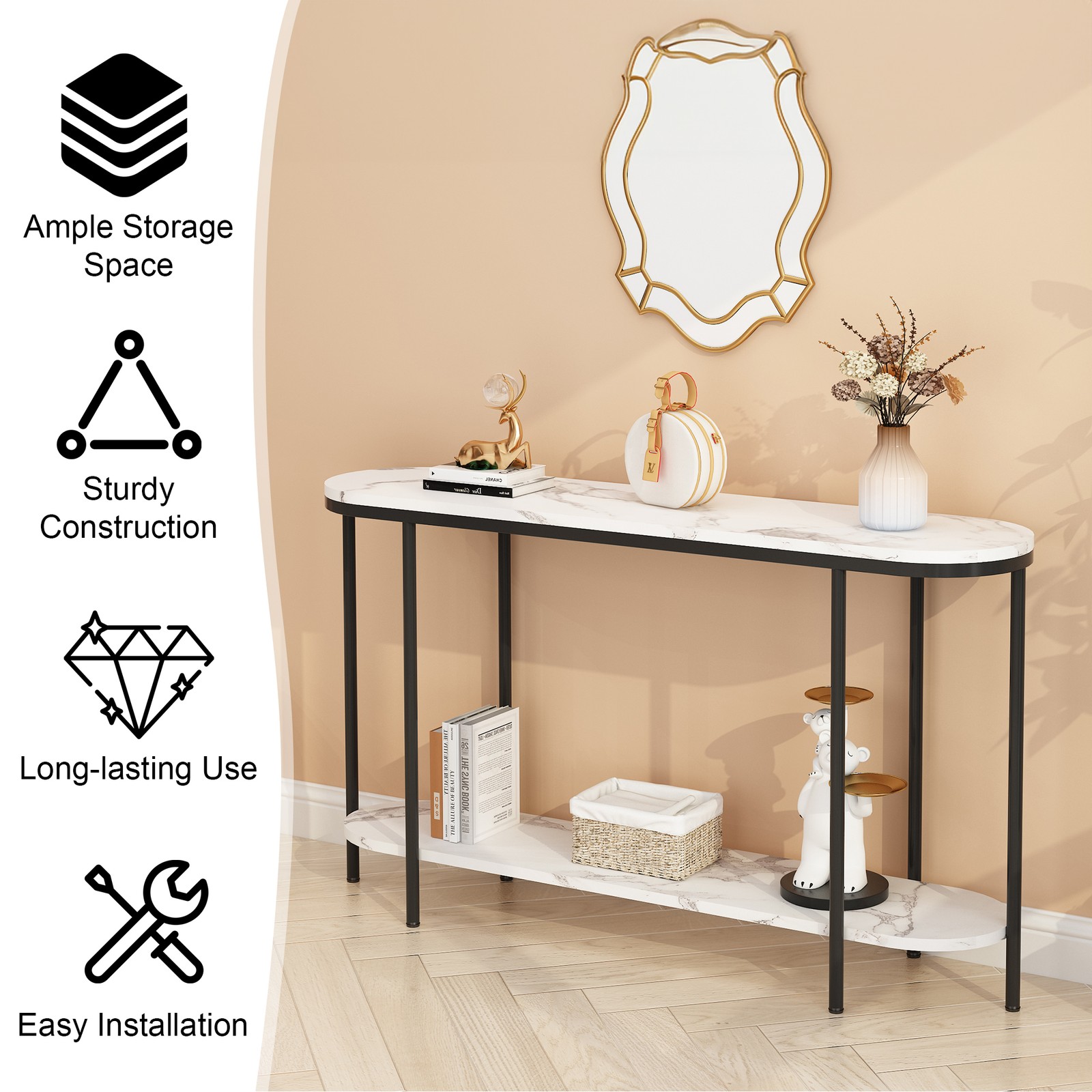 Console Table 2 Tier Entryway Table with Storage Shelf Faux Marble Narrow Table