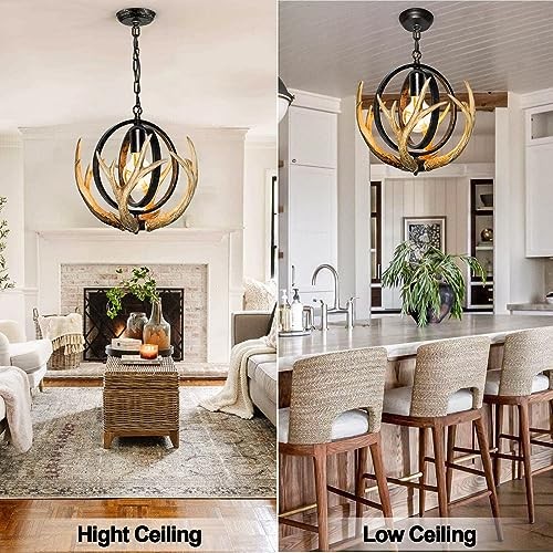 Rustic Antler Chandelier, 14″ Farmhouse Chandelier with Resin 4 Antlers 1 light