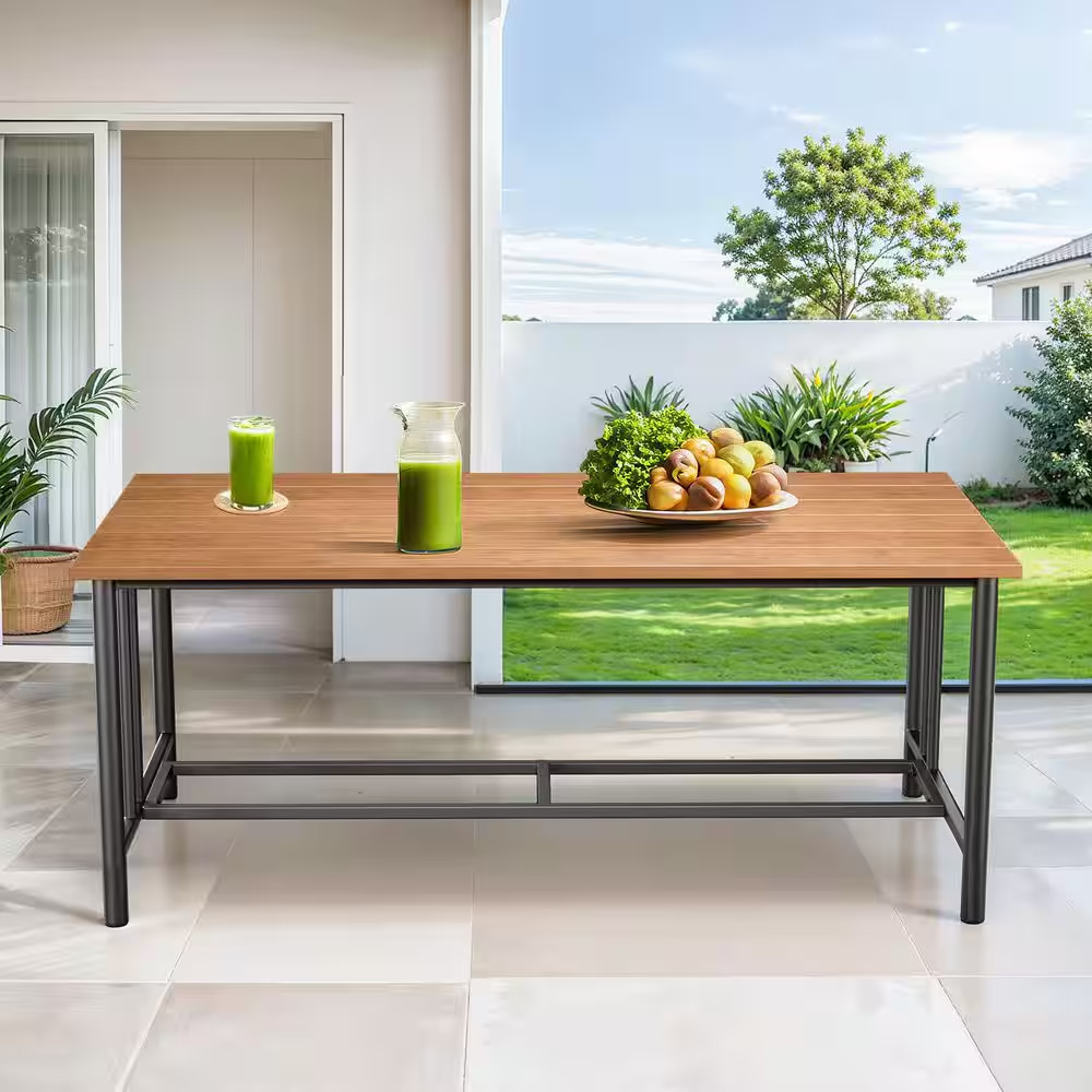 Boulderseat Black Rectangle Metal Outdoor Coffee Table with Natural Wooden-Grain