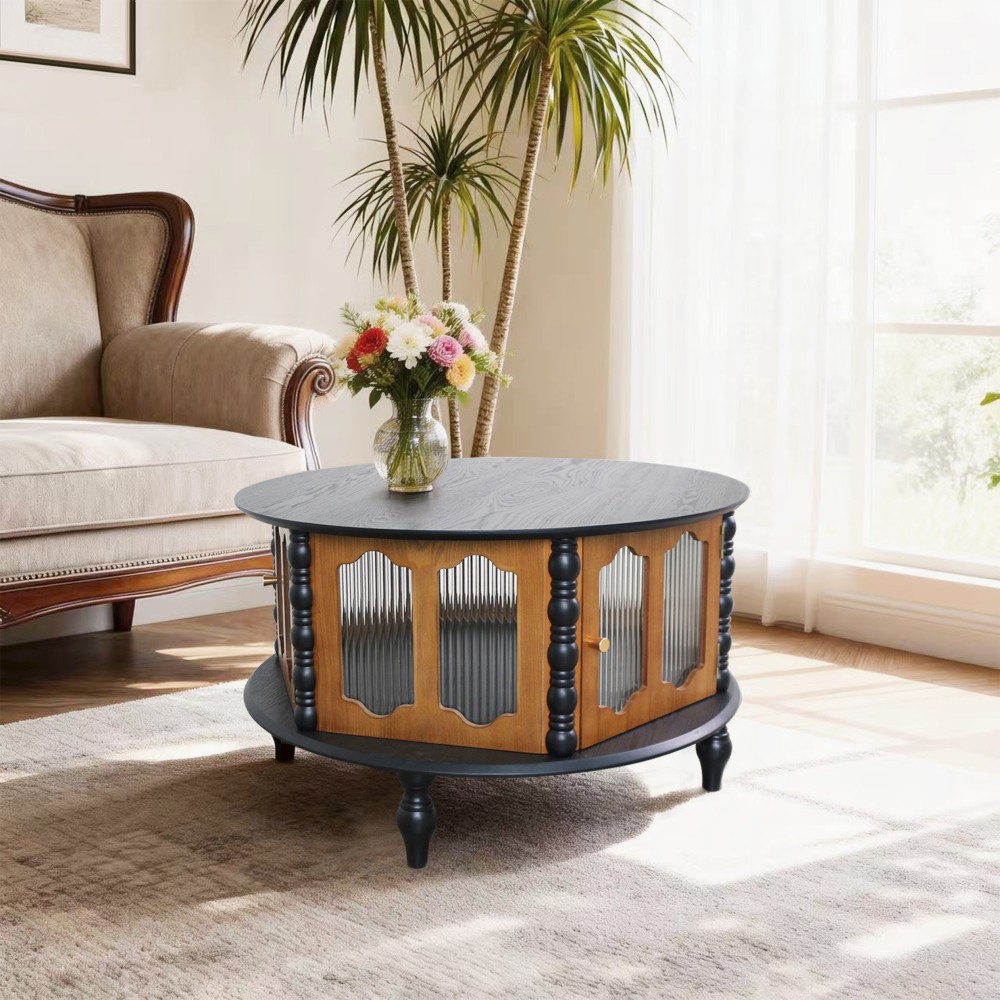 31.5 in Round Three-Door Storage Coffee Table Real Wood Veneer Coffee Table