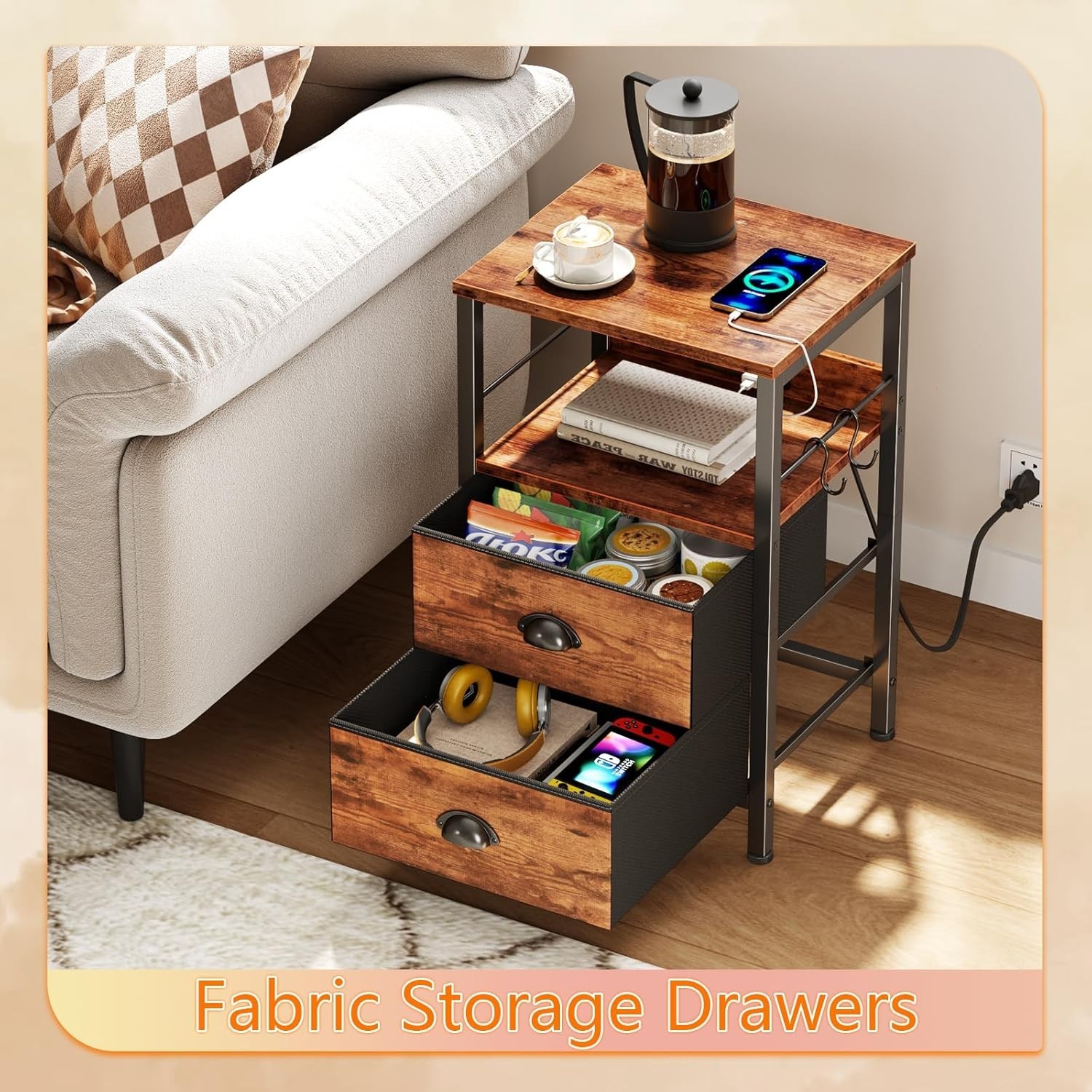 Innovative End Table with USB Charging, Hooks & Elegant Design for Any Room
