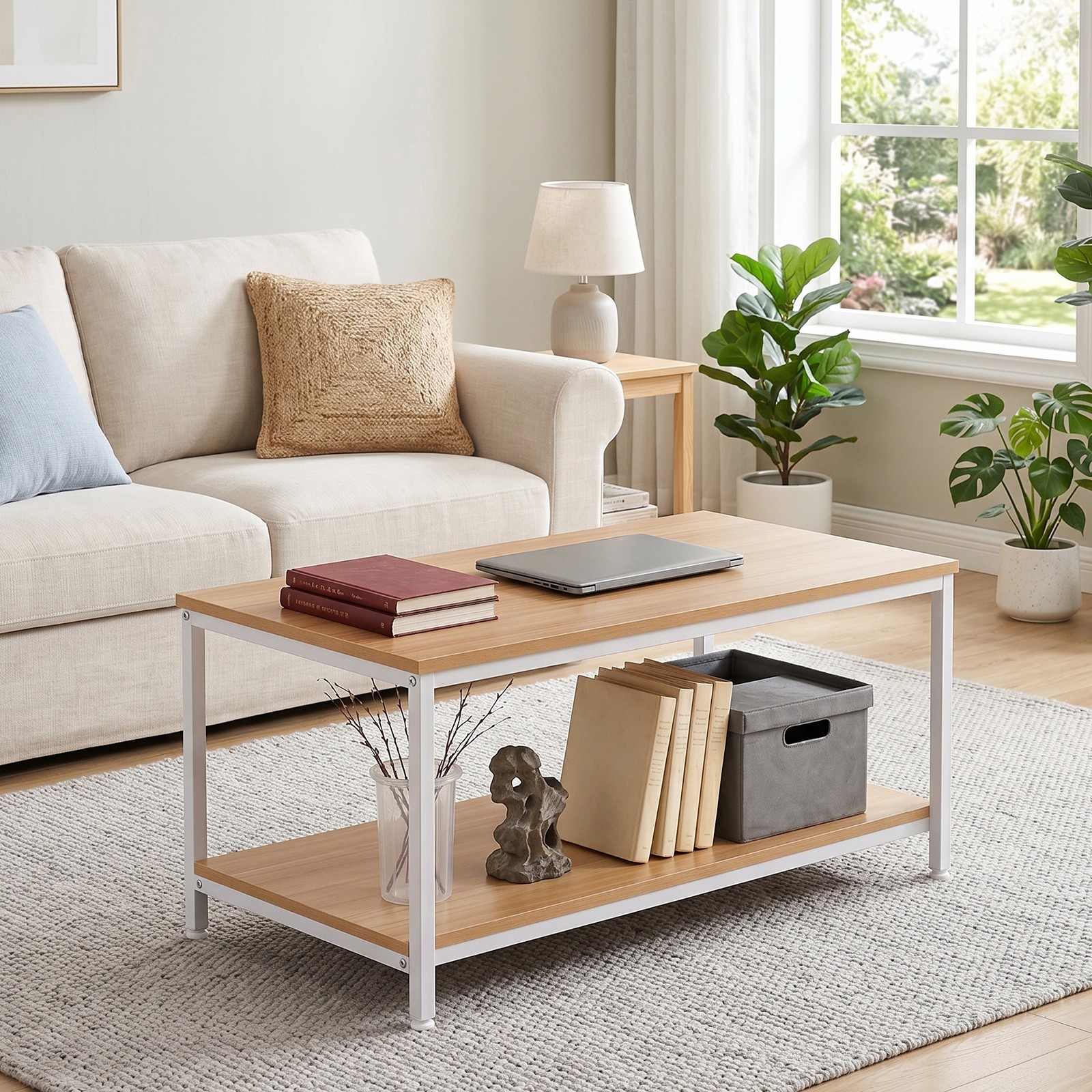 31″ Natural Wood Coffee Table Rectangular Coffee Table w/Storage Shelf Durable