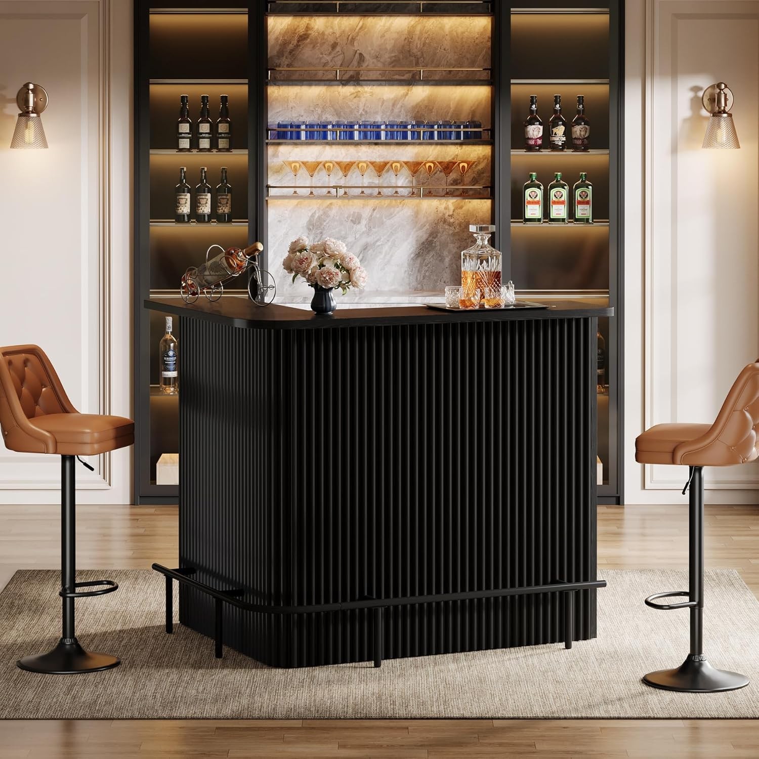 L Shaped Bar Table, Modern Home Bar Unit with Storage Shelves & Metal Footrest