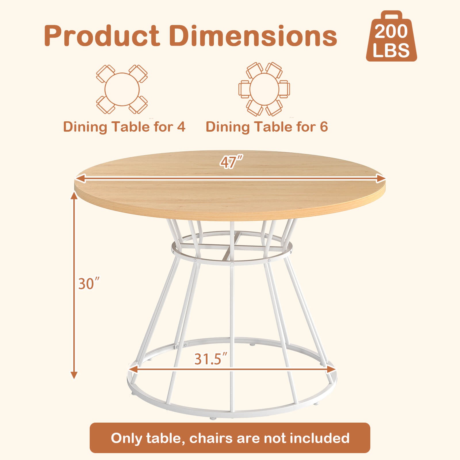 47” Round Dining Table with Wooden Tabletop, Metal Base for Home Dining Room
