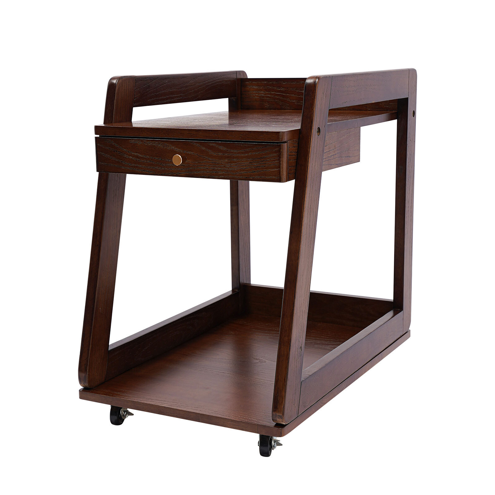 Walnut Retro Wood End Table, 2-tier Side Table, Storage Couch Table with Wheels