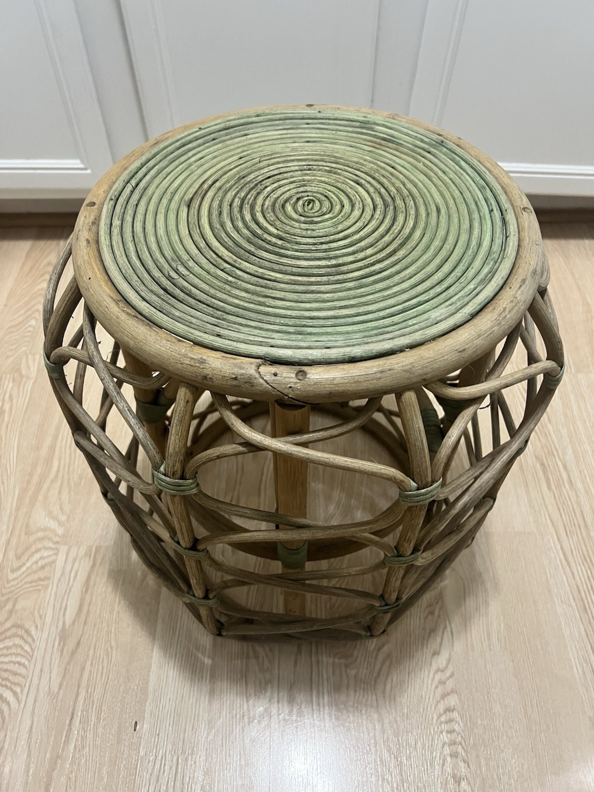 Vintage Rattan Bamboo Side Table Plant Stand Coiled Top Accent Boho Chic MCM