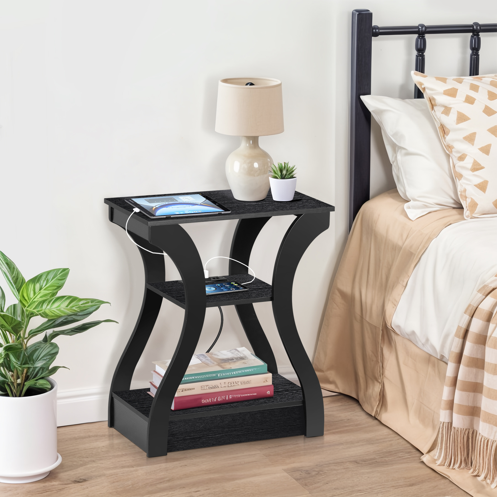 Side Table 3 Tier End Table with Outlets for Living Room Bedroom Office Hallway