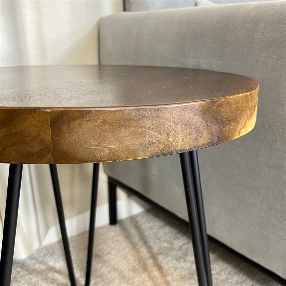 Natural Teak Wood Round End Side Table with Hairpin Legs 21″ H Home Decor