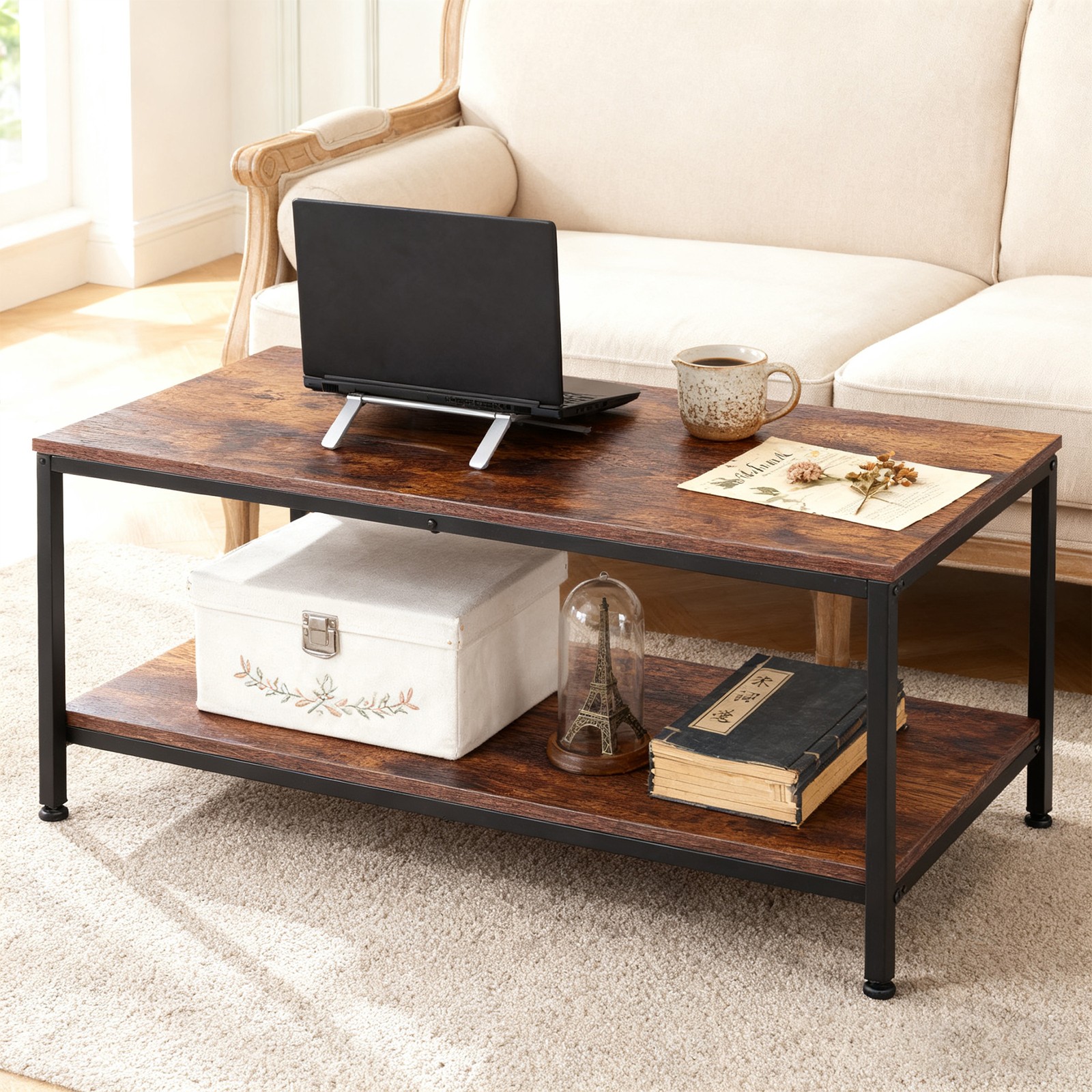Rustic Brown Coffee Table for Living Room 2-Tier Coffee Tables With Storage