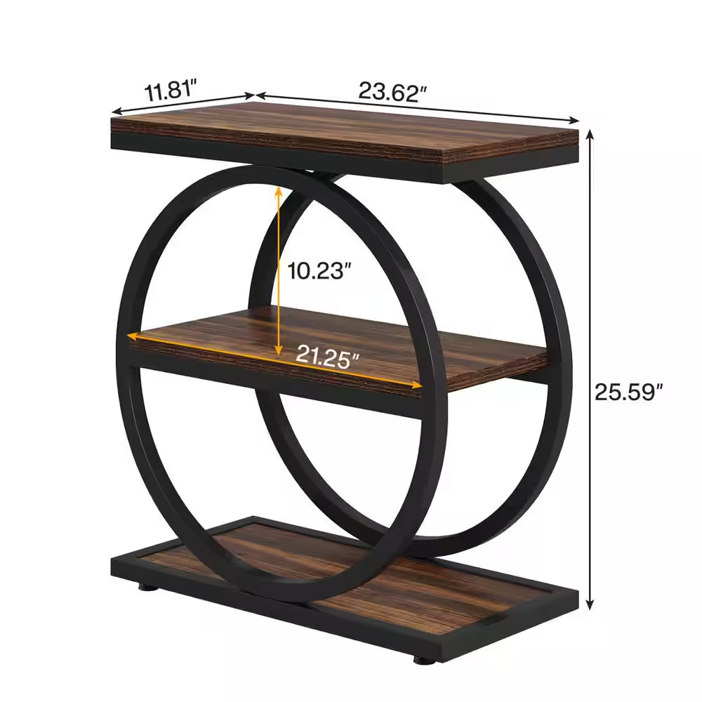 24 In. Dark Brown Rectangle Wood End Table with 3 Tiers Storage Shelves and Adju