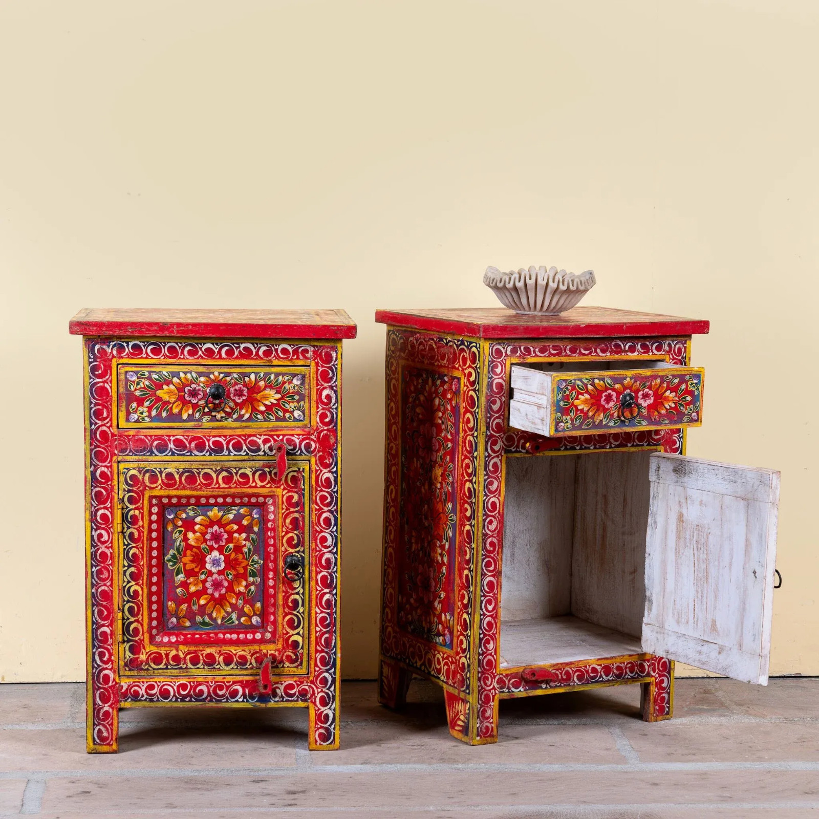 Artisan Handmade Bedside Table Solid Wood Hand Carved 17.7 × 13.8 × 27.6 inches