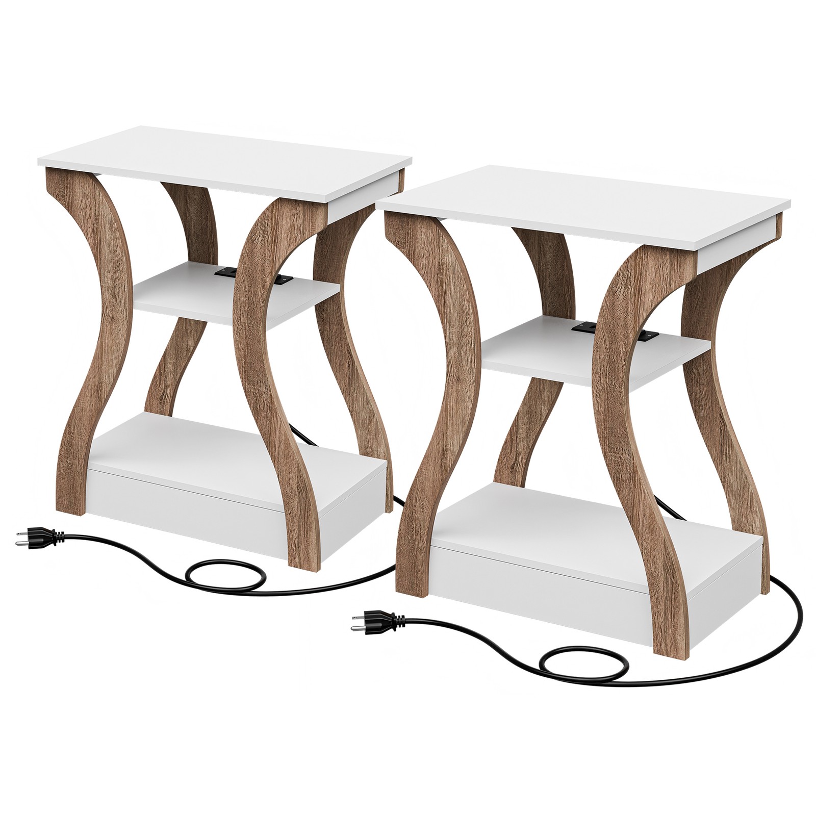 3 Tier End Table w/ USB Charging Station White Storage Shelf for Living Room 2X