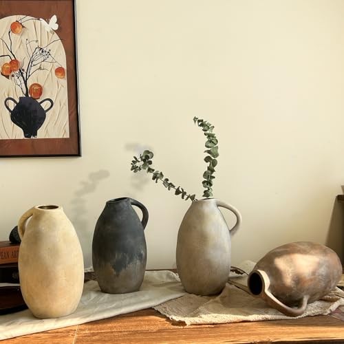 Rustic Ceramic Vase with Handle, Farmhouse Handmade Pottery Vase, Vintage Black
