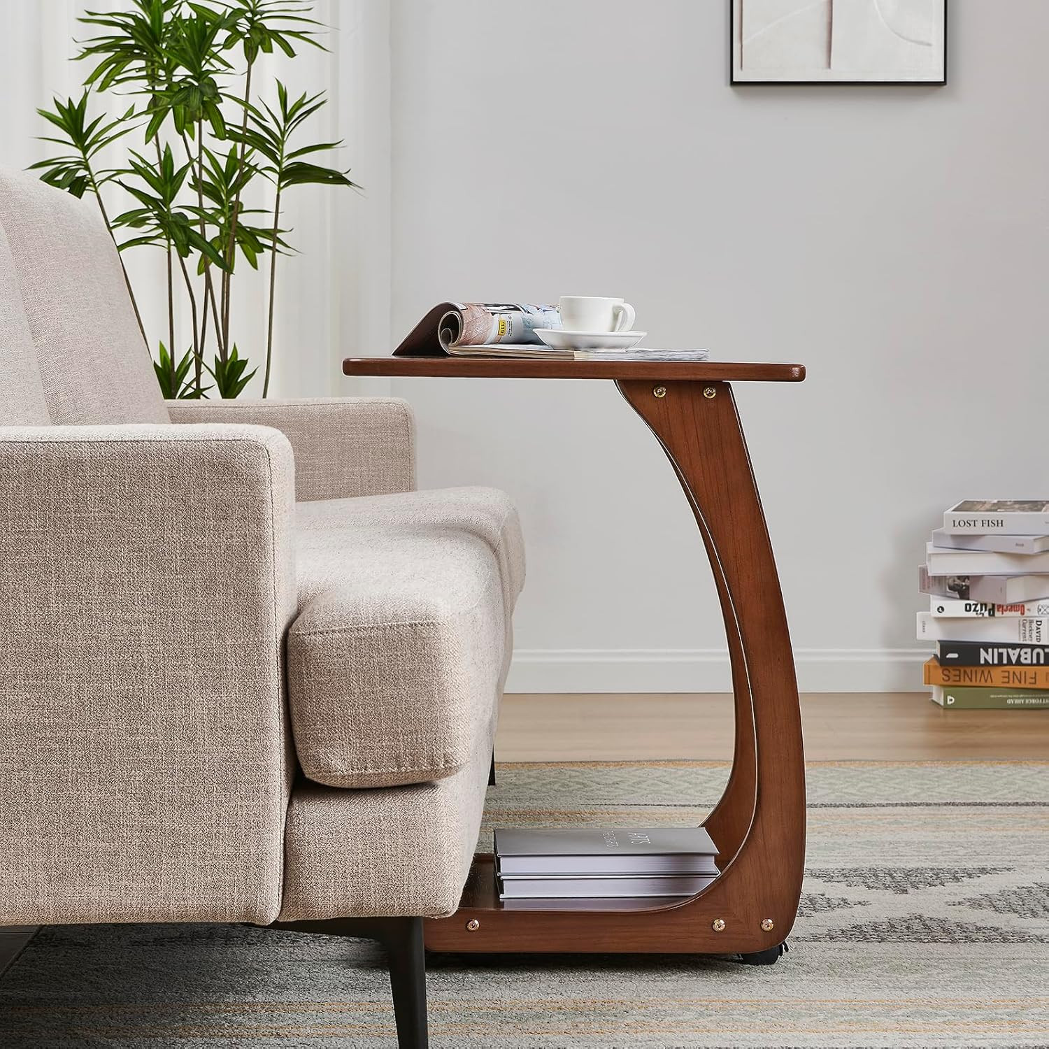 Walnut C Shaped End Table with Wheels – Versatile Side Table for Any Room