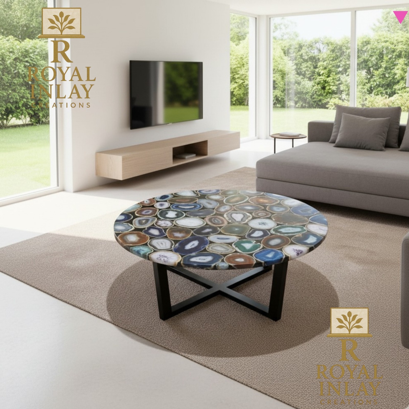 Exquisite and Rare Agate Round Table | Luxury Handmade Gemstone Center Table 18″