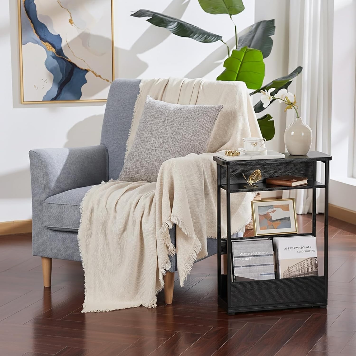 Modern Narrow End Table with 3-Tier Storage – Stylish Function for Any Room