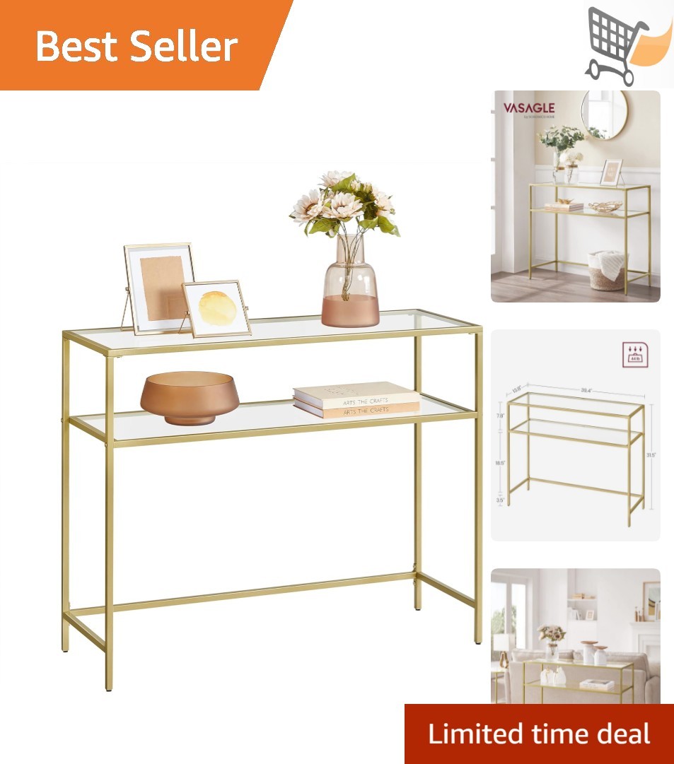 Modern Console Table Gold Steel Glass Shelves Entryway Living Room