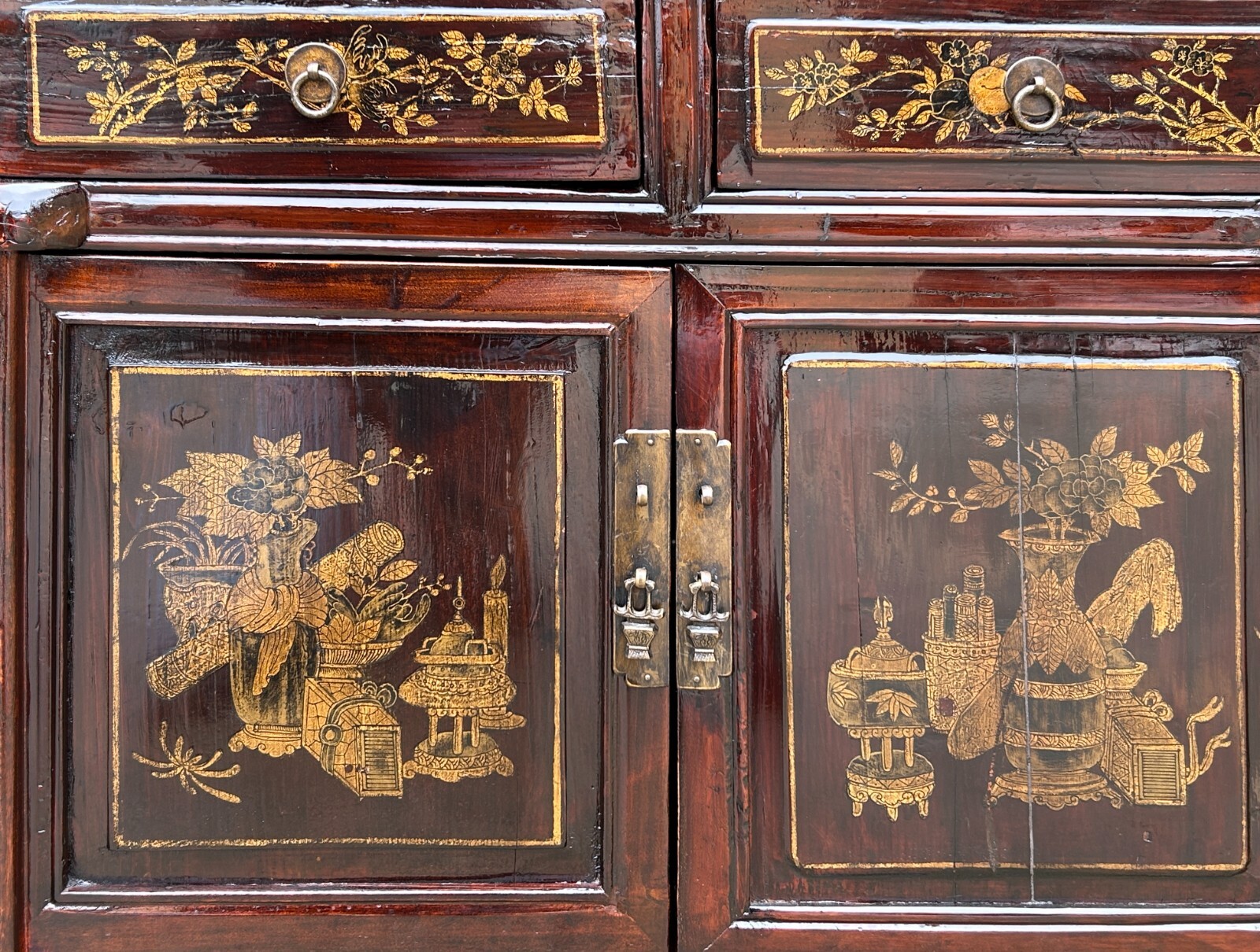 Vintage Chinese Floral Graphic Brown Drawers Table Credenza Cabinet cs7779