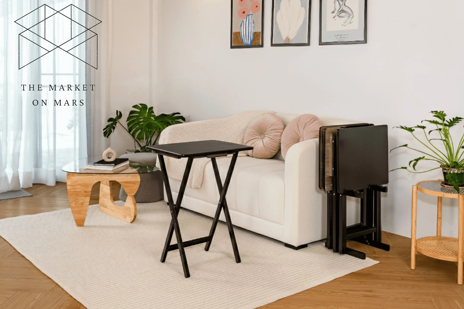 4-Piece Black Rubberwood Indoor Folding TV Tray Table Set with Storage Rack 💪
