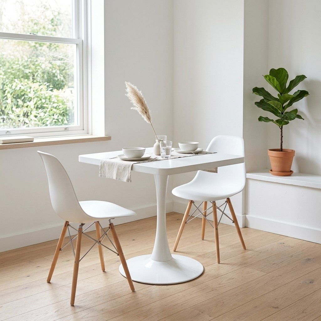 Square Dining Table 27.6″ White MDF Metal Pedestal Mid Century Modern